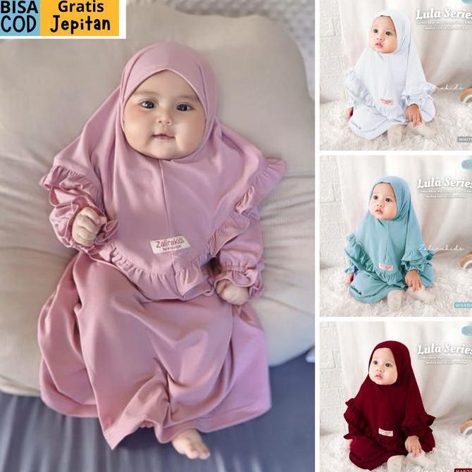 Zalira ORIGINAL - Gamis Bayi newborn set jilbab Polos usia 0 bulan - 2 tahun terlaris Lula series Or