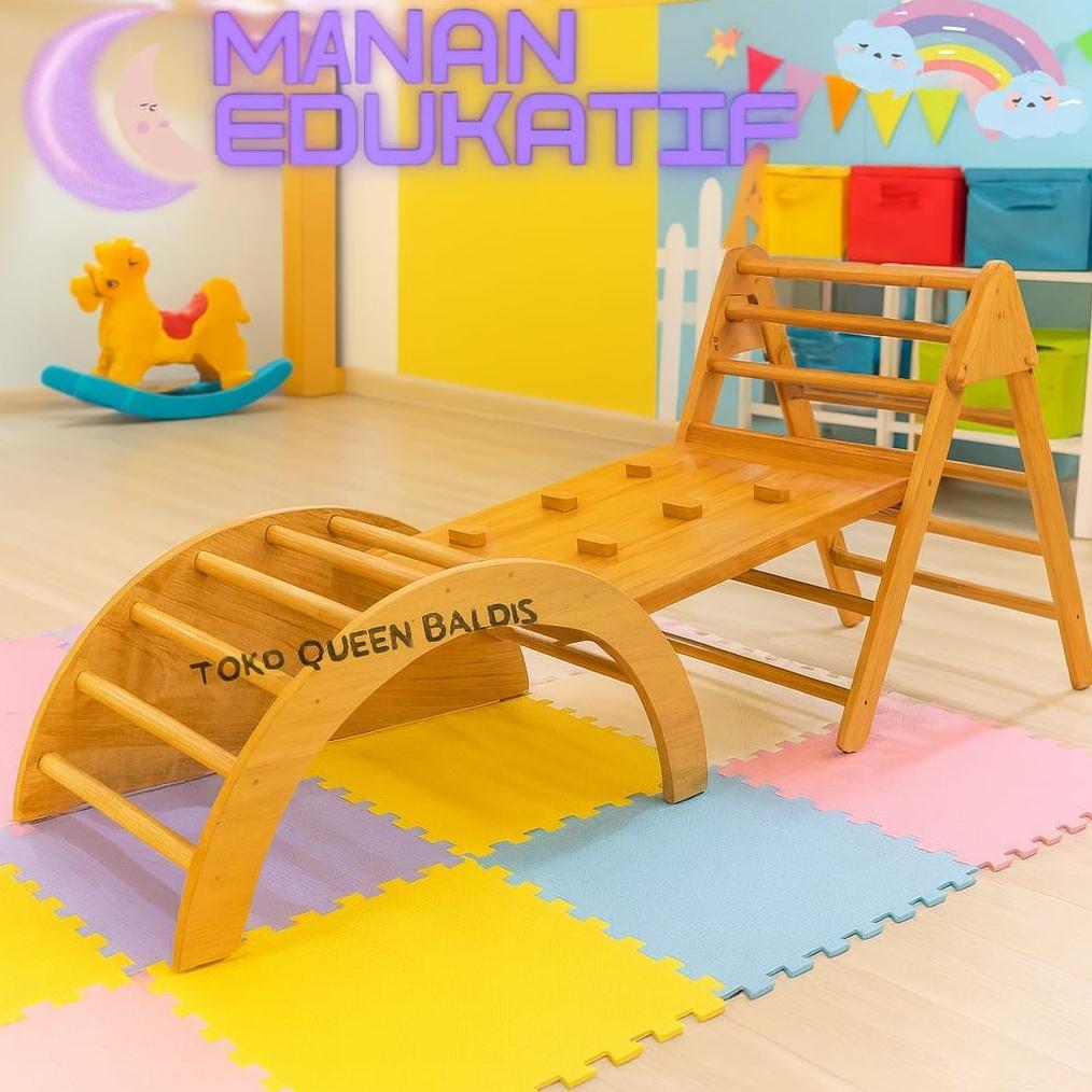 parafelaa  - playground anak indoor set tangga & perosotan lipat pickler - seluncuran kayu 100x50cm