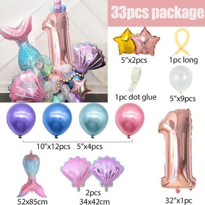 33 Pcs Tema Putri Duyung Balon Nomor Mawar Emas Balon Foil Cangkang Ekor Putri Duyung Untuk Perlengk
