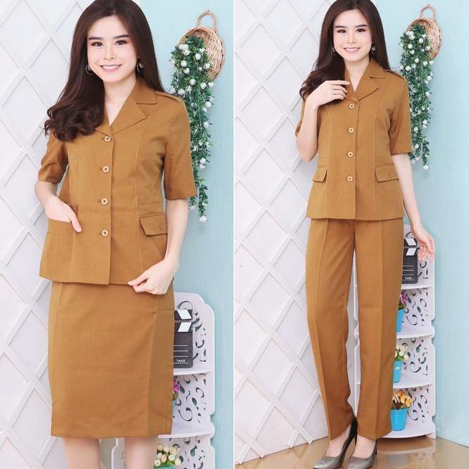 Setelan Pendek /  Panjang Blazer Seragam Pns Wanita Pdh Pemda Wanita Baju Dinas Khaki Tua Khaki Muda