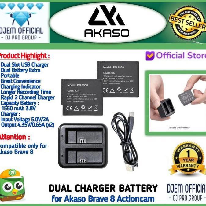 TERMURAH - AKASO Brave 8 Dual Charger + 2 Battery Action Camera Actioncam Akaso Brave8 Baterai Kamer