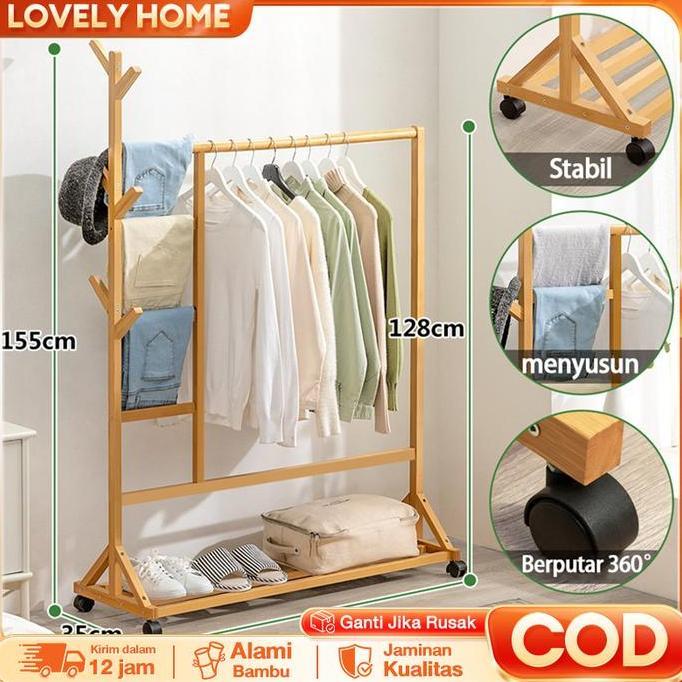 GENIVALEZZ - LOVE RAK BAJU KAYU RODA STAND MULTIFUNGSI JEMURAN MINIMALIS
