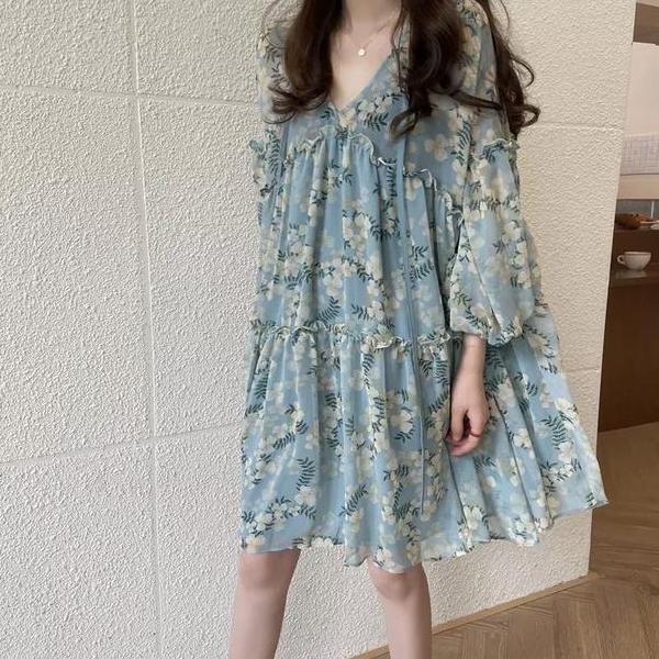 Midi Dress Baju Terusan Lengan Panjang Wanita Puffy Long Sleeve