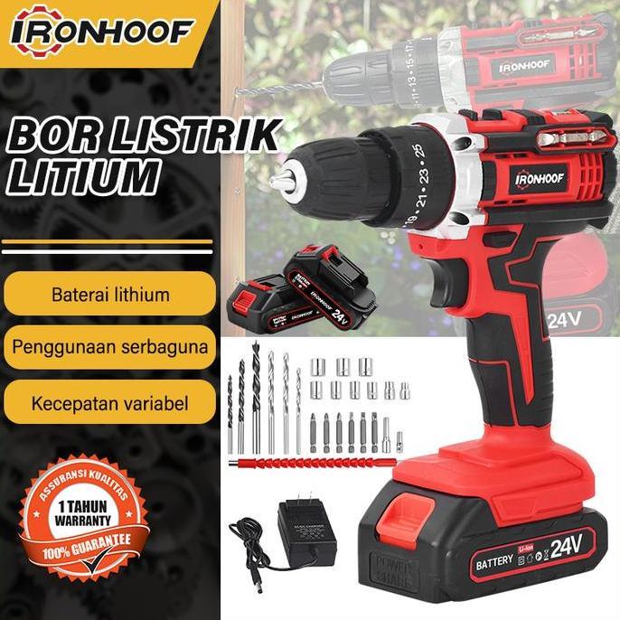 IRONHOOF Mesin Bor Listrik Bor Baterai Bor Tanpa kabel 24V Set Lengkap