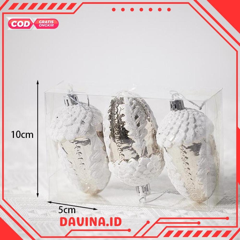 3pcs Hiasan Natal Silver Acorn Biji Pohon Ek ornamen Gantungan Pohon Natal Dekorasi Christmas Tree -