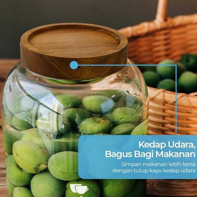 CONNIE One Two Cups Toples Kaca Jar Penyimpanan Makanan Kue Biji Kopi Tutup Kayu Kedap Udara Ukuran 