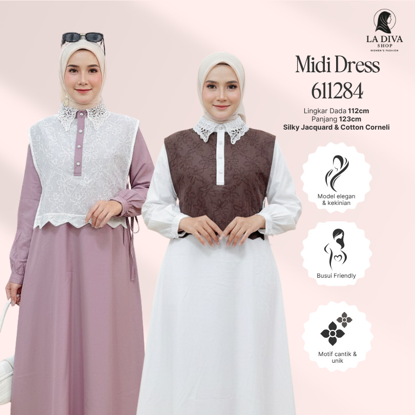La Diva - Sefha Midi Dress Gamis Polos Elegan Busui Friendly Bahan Silky Jacquard + Cotton Corneli F