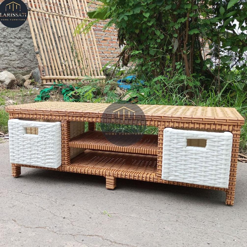 Meja Tv Rotan Sintetis 2 Laci Minimalis Rak Laci Serbaguna Murah