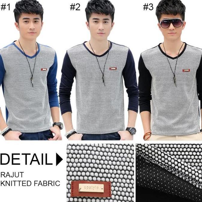 Upstyle Kaos Pria Lengan Panjang V-neckline Rajut