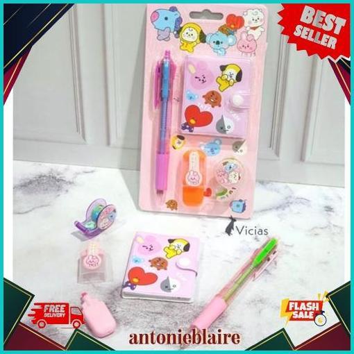 Termurah 1 Set Alat Tulis 4In1 Buku Pulpen Highlighter Tape Bts Notebook Bt21 Murah