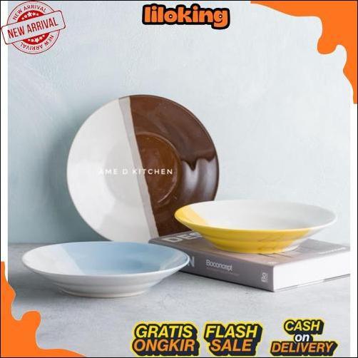 Grosir Piring Makan Bijian Keramik 8" Two Tone 2 Warna Coklat/Biru/Pink