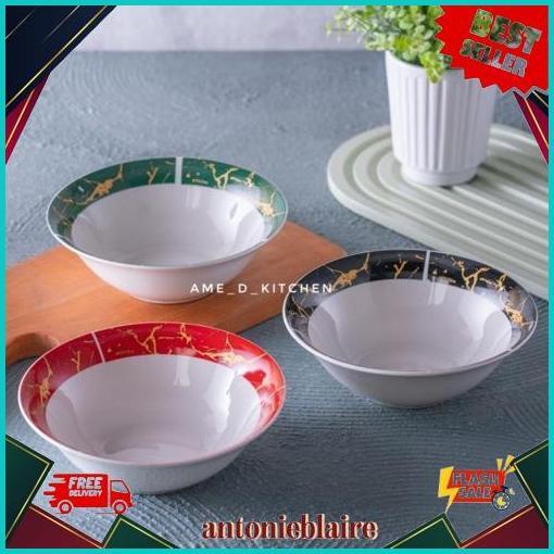 Premium Mangkok Bijian Keramik 7" Motif Marble Emas