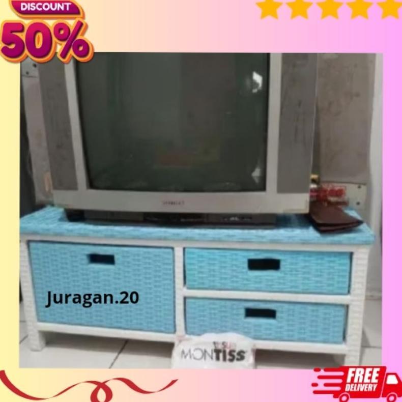 Meja Tv Rotan Sintetis Meja Rak Laci 3 Serbaguna