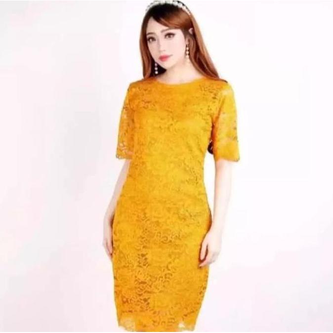 Dress Brokat Pendek Full Furring/Midi dress Kondangan/Dress Natal brukat slim/ Dress Imlek