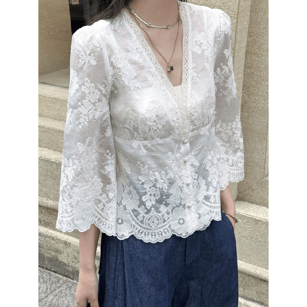 Renda Mewah Tinggi Berkualitas V Kemeja Wanita Berkerah