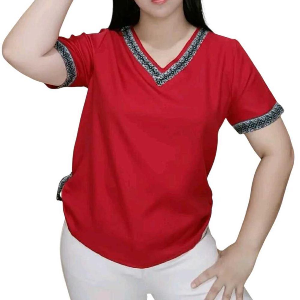 Blus Jumbo Siski Kerah V Kasual Wanita Bahan Shakila Polos Kombinasi Lis Batik Lengan Pendek
