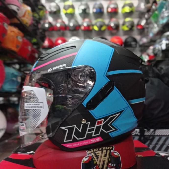 HELM NHK R1 MOTIF NAPOLEON BLACK LIGHT BLUE DOFF DOUBLE VISOR HALF FAC