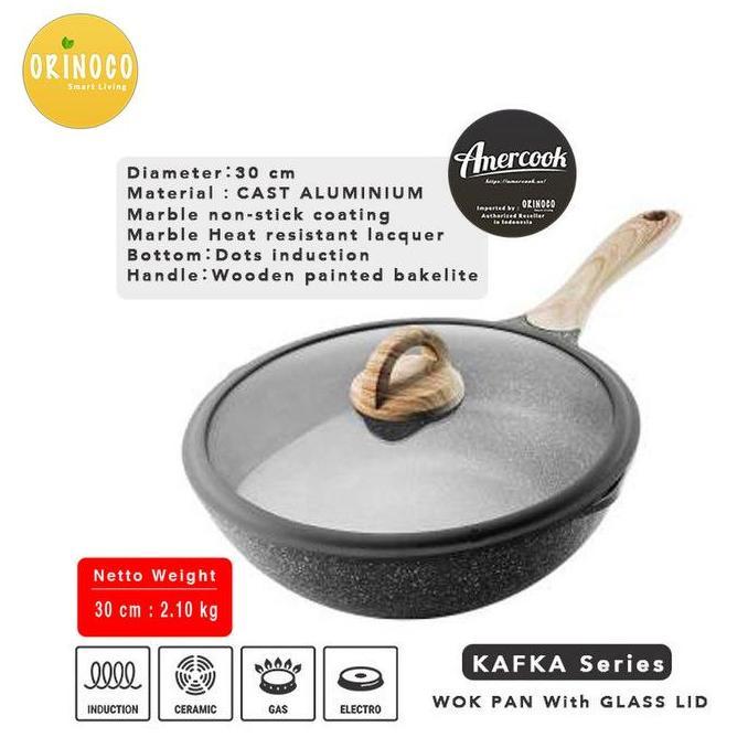 Wajan Penggorengan Amercook Wok Pan Cast Aluminium Anti Lengket 30Cm