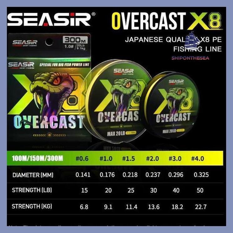 (PANCING) SEASIR OVERCAST PE X8 SENAR PANCING (100M/300M, 6.8KG-22.7KG) BRAIDED FISHING LINES 8 UNTA