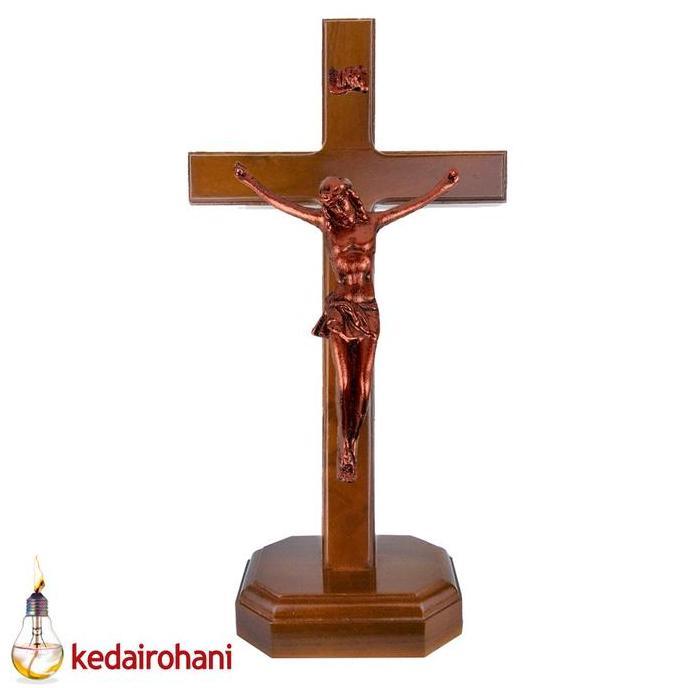 ,,,,,,,] Salib Duduk Kayu Jati Patung Corpus Tubuh Yesus Inri 23 cm Tembaga