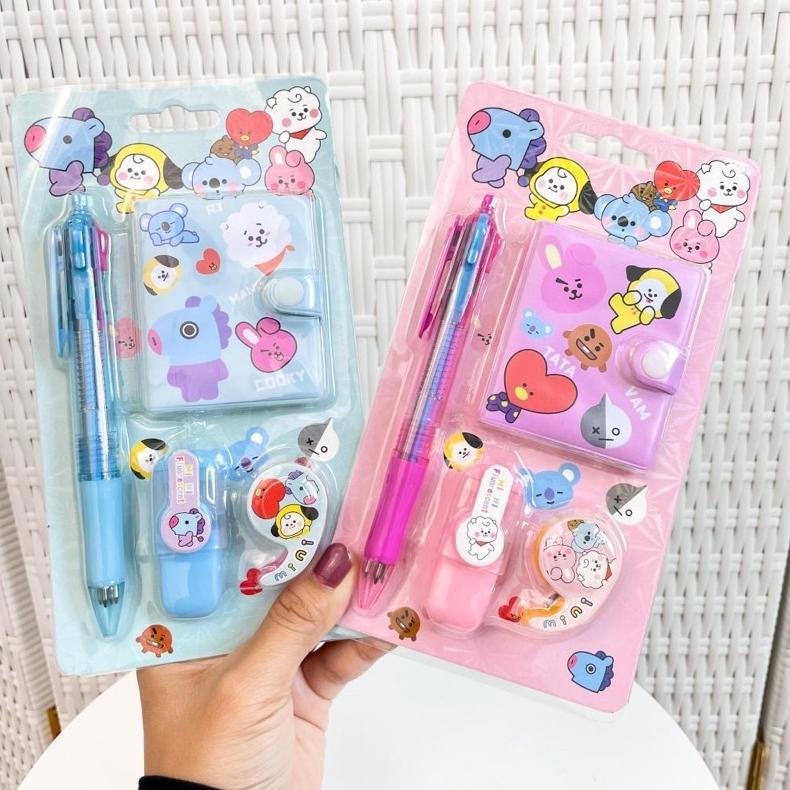 1 Set Alat Tulis 4In1 Buku Pulpen Highlighter Tape Bts Notebook Bt21 Murah Stok