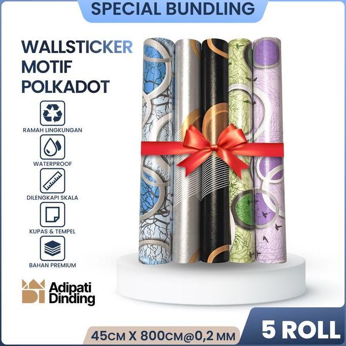 BUNDLE  PAKET ISI 5 ROLL/GULUNG WALLPAPER DINDING MOTIF POLKADOT ALL VARIANT UKURAN PER ROLL 45CM X 