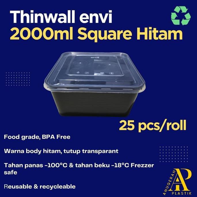 New- THINWALL HITAM 2000 ML SQUARE + TUTUP MEREK ENVI PREMIUM HARGA 200 PCS