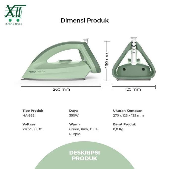 Ready MASPION HA~365 HiJAB SERiES DRY IRON CERALON Setrika Ceramic Coating Gosokan Hijau