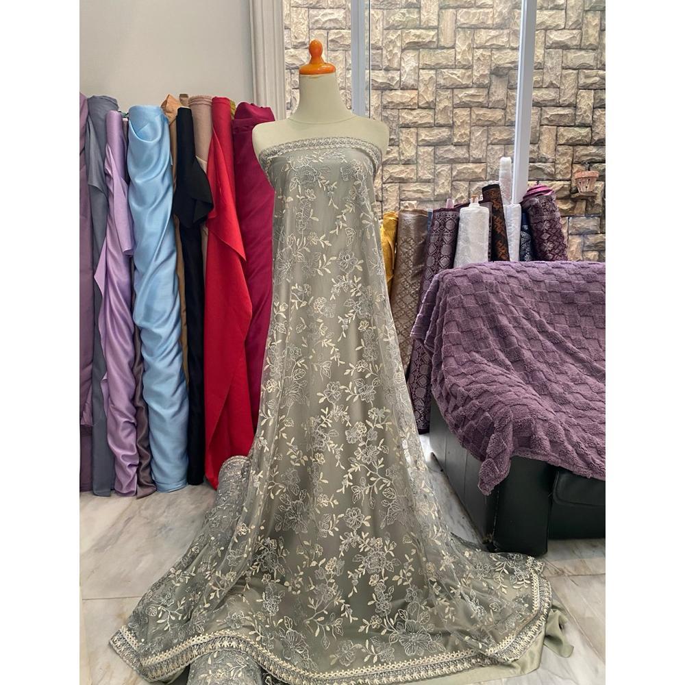 Bahan Kain Kebaya Tile Brokat Peony Series Embroidery Bordir Tumpal Tepi 2 Tone Warna Ash Green - Go