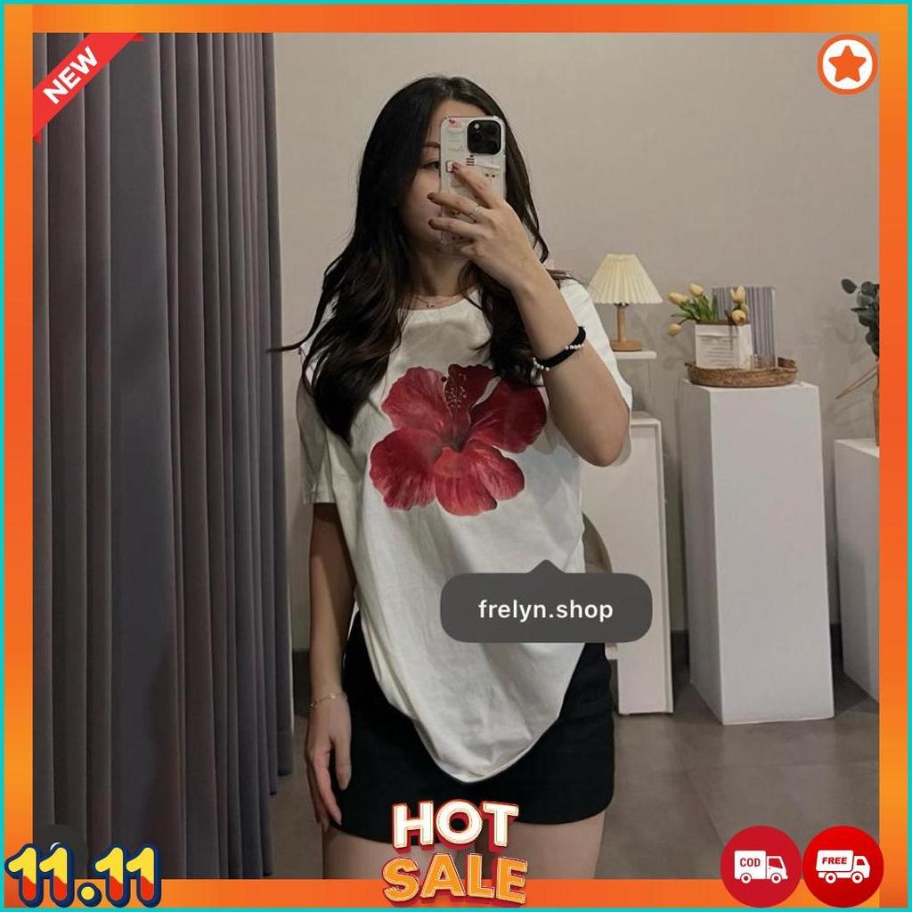Frelyn Shop Bunga Merah Oren Black White Tshirt | Baju Kaos Tumblr Tee Zara Disney Sanrio Oversize C