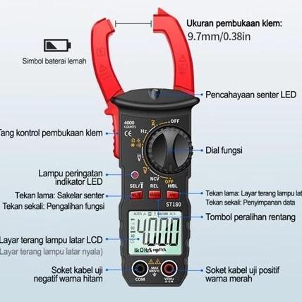 St180 Plus Digital Clamp Meter Tang Ampere Multitester Digital Kabel Tester Ukur Arus Tegangan Listr