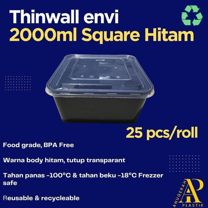 Thinwall Hitam 2000 Ml Square + Tutup Merek Envi Premium Harga 200 Pcs