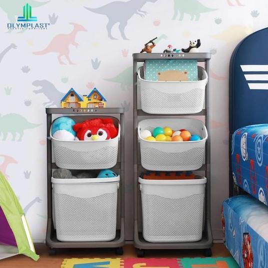 Rak 3 Susun Plastik Olymplast Flexyble Trolley OFT 03 Cream Penyimpanan Putih Abu Lemari Roda Furnit