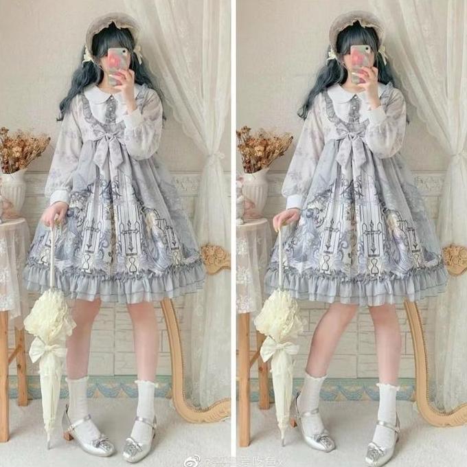 Dress Pesta Lolita Lengan Panjang Aksen Pita