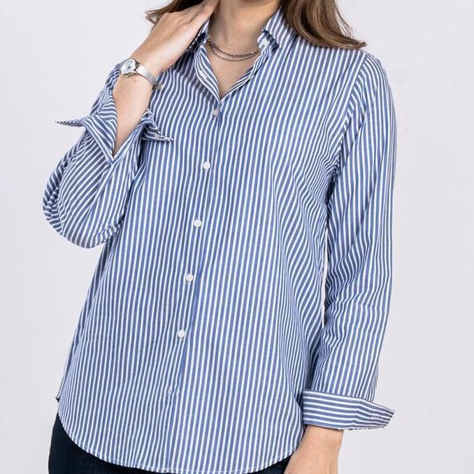 C2 Gideon Blue Kemeja Casual Wanita Lengan Panjang Motif Garis