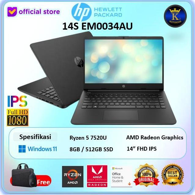 Terlaris Laptop Hp 14S Em0034Au Ryzen 5 7520U 8Gb 512Ssd W11+Ohs 14"Fhd