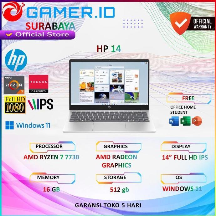 Terlaris Laptop Hp 14 Ryzen 7 7730 Ram 16Gb Ssd 512Gb W11+Ohs 14.0 Full Hd Ips Blit 2Y