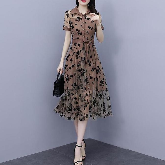 FANMU 4097 wanita gereja dress simpel elegan korean style party kristen selutut brokat wanita kekini