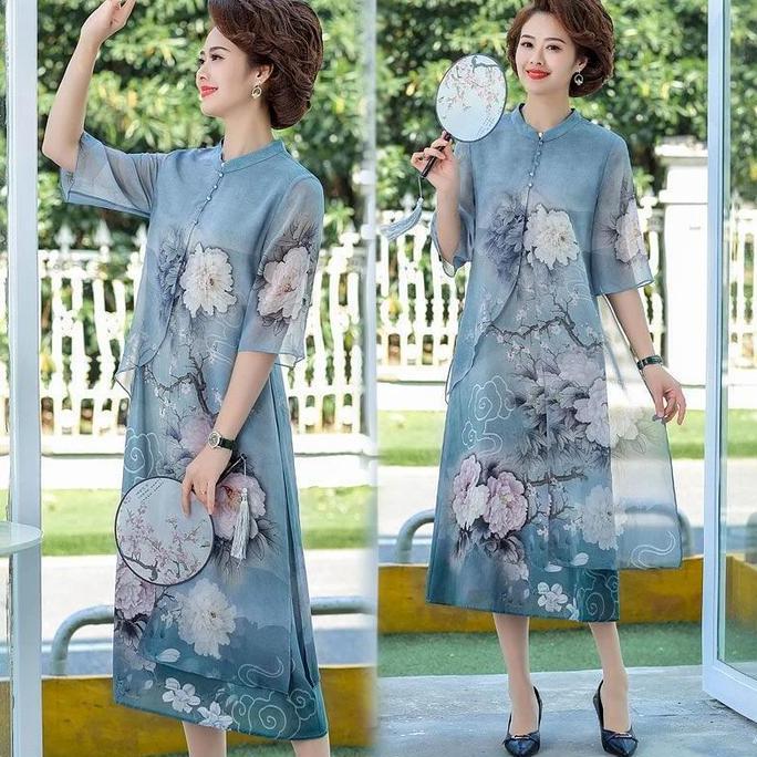 cheongsam dress buat paruh baya dress Imlek wanita pakaian orang tua