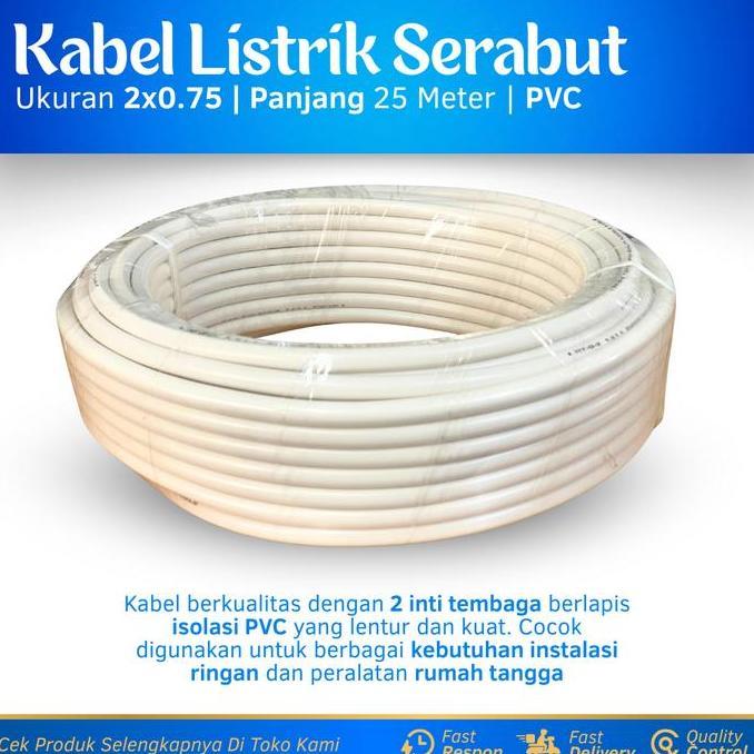Kabel Listrik Serabut 2X0.75 Tembaga Murni Kabel Listrik 25 Meter Warna Putih Kabel Serabut 1 Roll 2