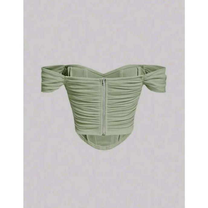 SHEIN Mod Pff Shoulder Ruched Mesh Green Summer Top