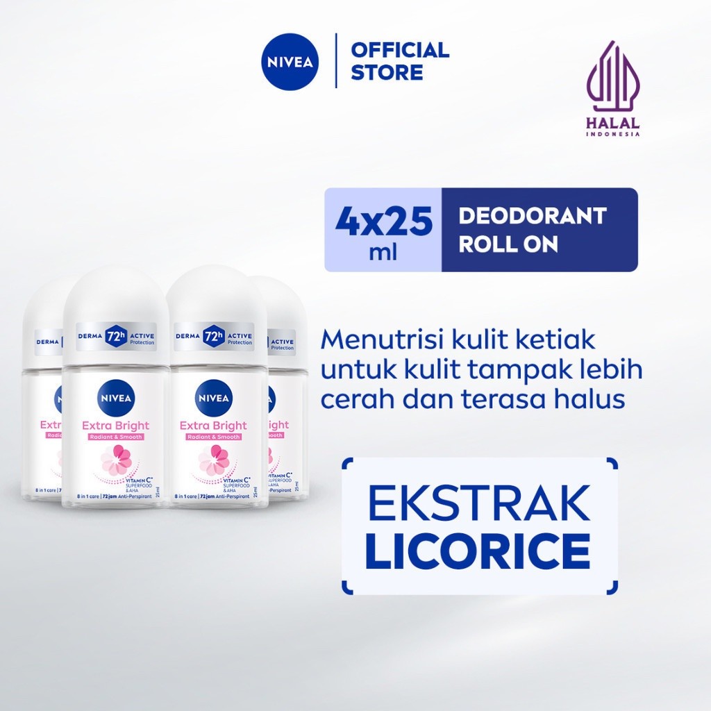 (PAKET HEMAT ISI 4) NIVEA Deodorant Roll On Extra Bright Radiant & Smooth 25ml - Deodoran wanita men