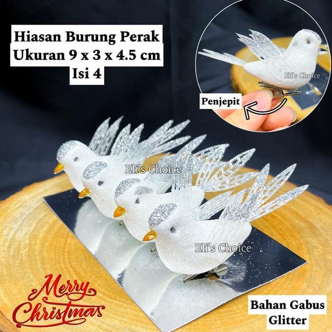 Hiasan Burung Putih Glitter Jepit SET 4 / Burung Merpati Hias Dekorasi Pohon Natal