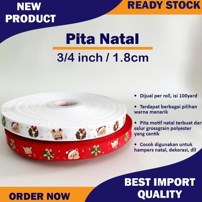 [Roll 100yard] Pita Christmas Grossgrain Polyester Hampers Natal 1.8cm