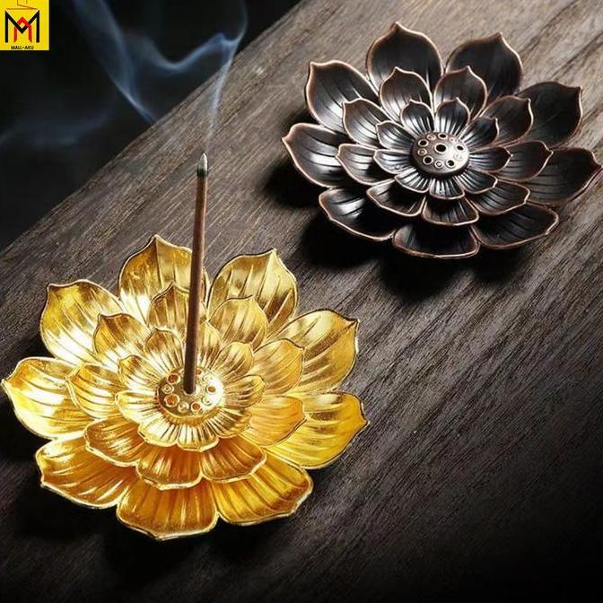 Tempat Dupa Stik Kuil Buddha Bentuk Bunga Lotus Perunggu 5 Lubang