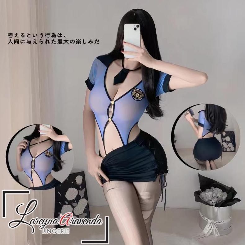 Pakaian Wanita- Set Lingerie Kostum Seragam Polisi Biru Terawang Lg656 - Lingerie - Baju Dinas Malam