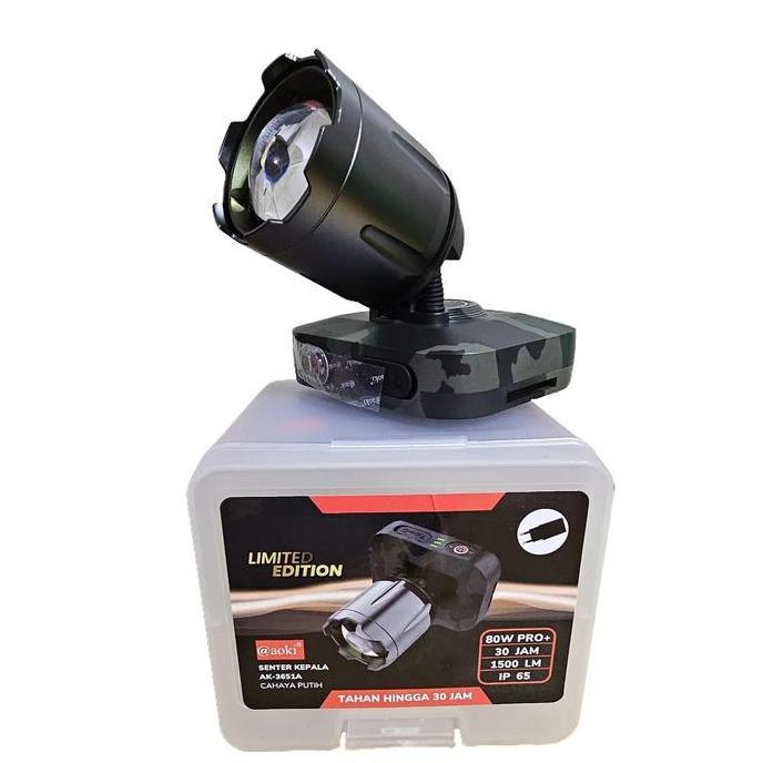 Promo Senter Kepala Led Zoom Laser 80 Watt 1500 Lumen  Aoki Ak-3651A/Ak-3652K Army Pro Cahaya Putih 