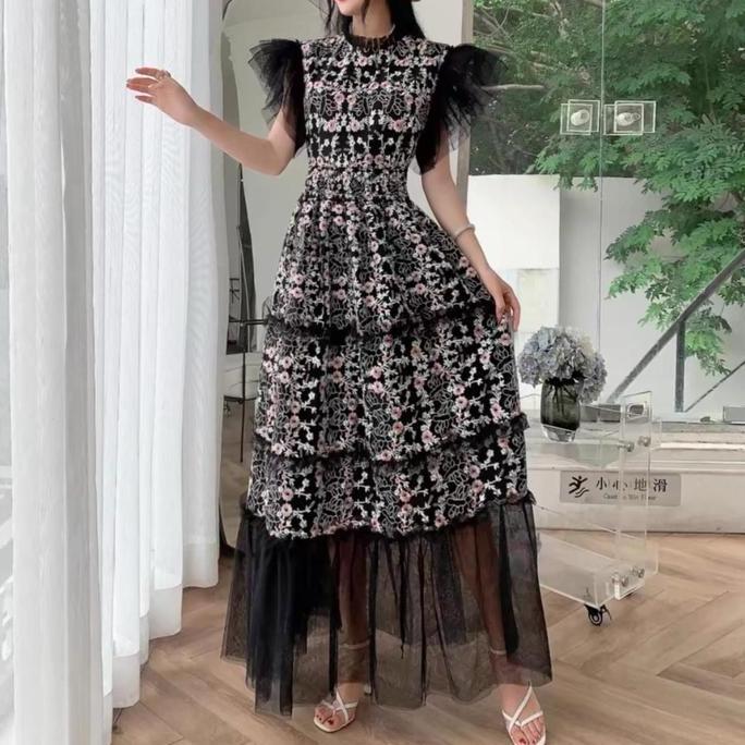 Dress Cameroon Embroidery Maxi TM 13202 gaun kasual wanita import model korea fashion gamis muslim p