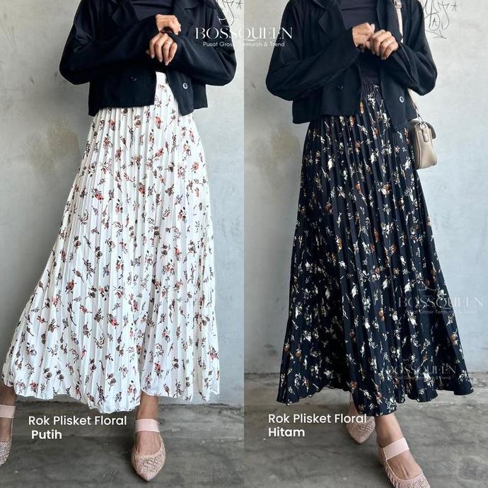 Promo Rok Motif Bunga Floral Premium Skirt Plisket Full Motif Terbaru Bawahan Muslim Kerja Panjang M