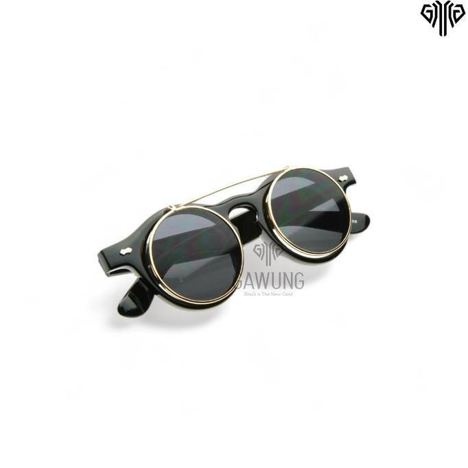 Kacamata Hitam Bulat Pria Retro Classic Vintage Sunglasses Model Antik Motor KCINTE Black Lensa Eyew